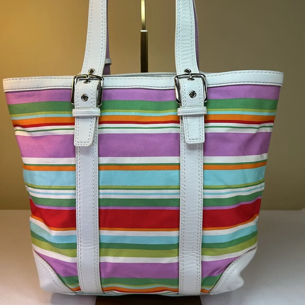Coach Y2K Hampton Multi color striped fabric and leather tote 2007 - Picture 6 of 15